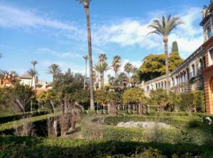 General view of the gardens of the Alcazar of Seville