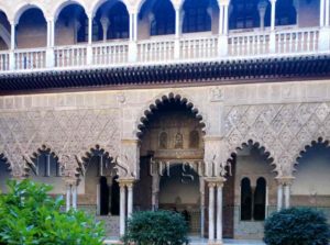 Side view of the courtyard of the Alcazar of Seville