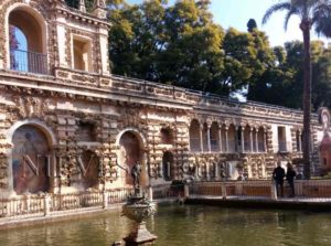 Fountain in the gardens of the Alcazar of Seville. Garden of the Pond of Mercury
